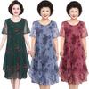 Mother Midi Dress Flower Print Double Layers Irregular Hem Round Neck Short Sleeves Mid-calf Length Thin Soft Plus Size Lady Dress