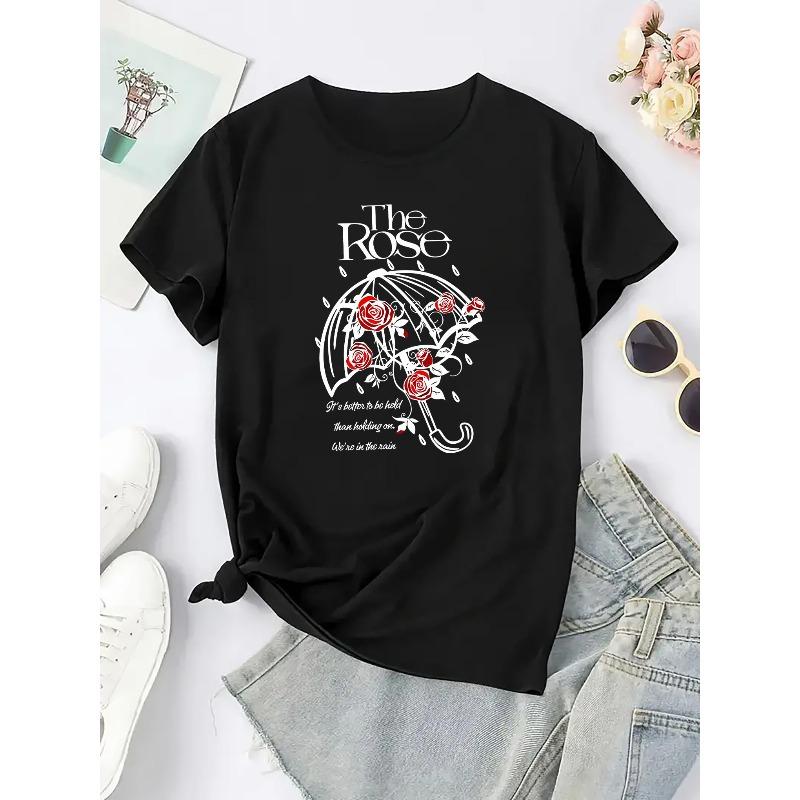 Women's Geometric Rose Umbrella Print T-Shirt Casual Crew Neck All-Season Top