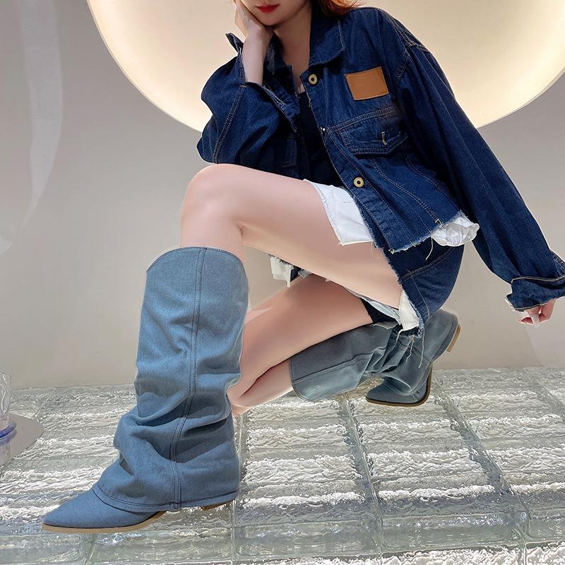 Spring New Fashion Style Pointed Thick Heel Trousers Boots Retro Versatile But Knee Western Cowboy Boots