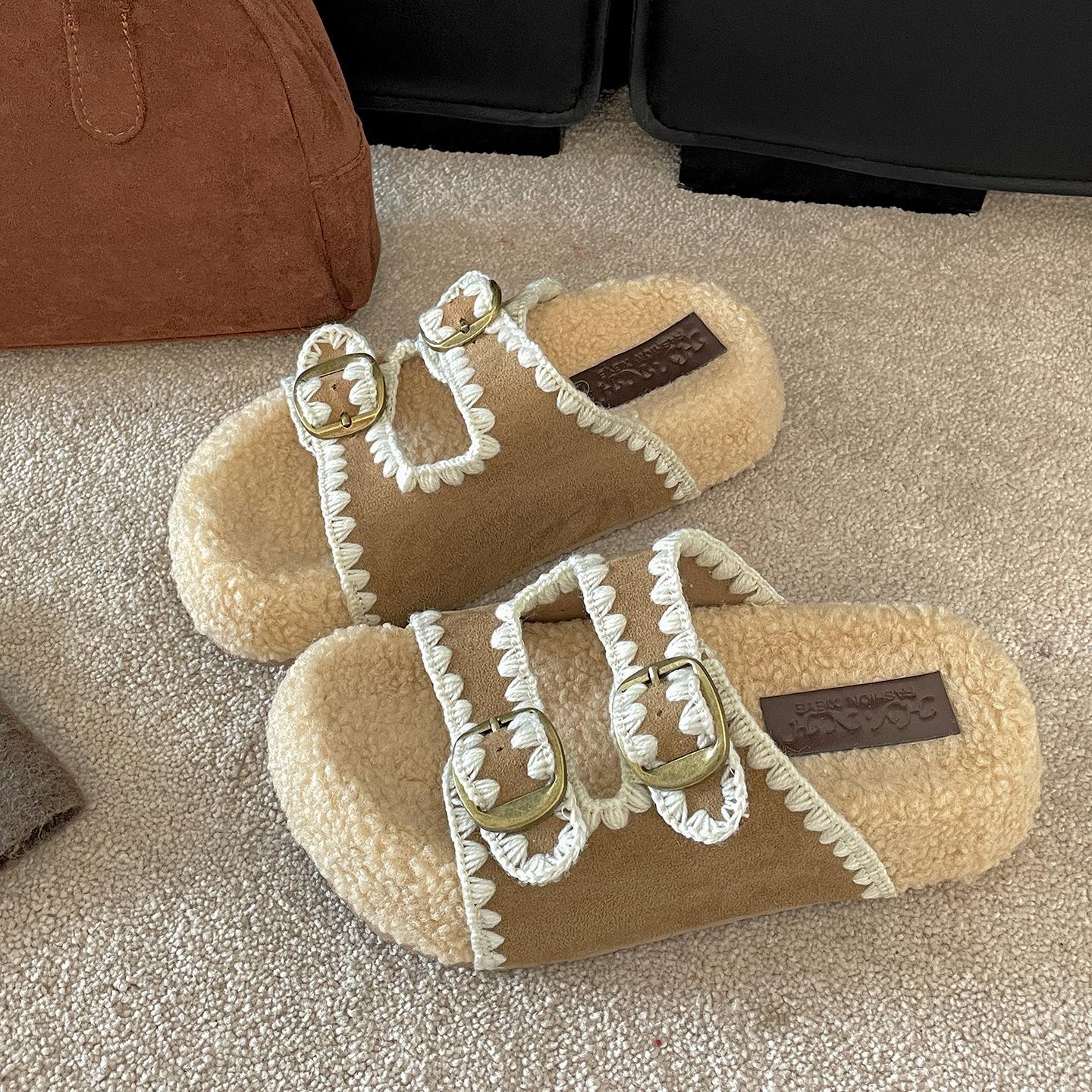 

Popular retro brown thick-soled fluffy slippers for women s outer wear 2025 new autumn and winter with skirts and soft-soled one-word slippers 40 хаки