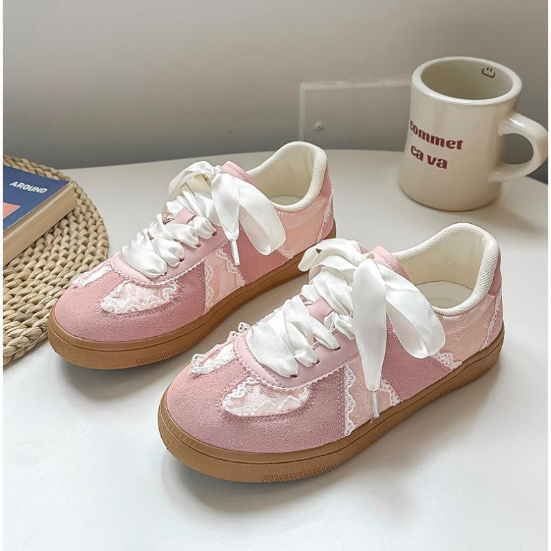 

2025 новые кружевные вставки серебристые нишевые моральные тренировочные туфли женские ретро балетный ветер добродетель женские белые туфли плоская подошва круглый носок 40 розовый