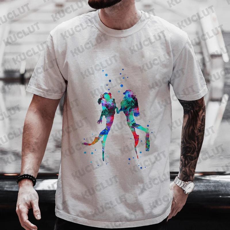 Summer Streetwear Scuba Diver Watercolor Diving Print Men's Brand T-shirts Scuba Diver Design Tops Breathable Men Women Tshirts