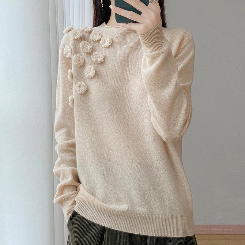 Women's Handmade Pure Wool Sweater - Soft, Fluffy, Versatile with Half-High Collar for Autumn and Winter