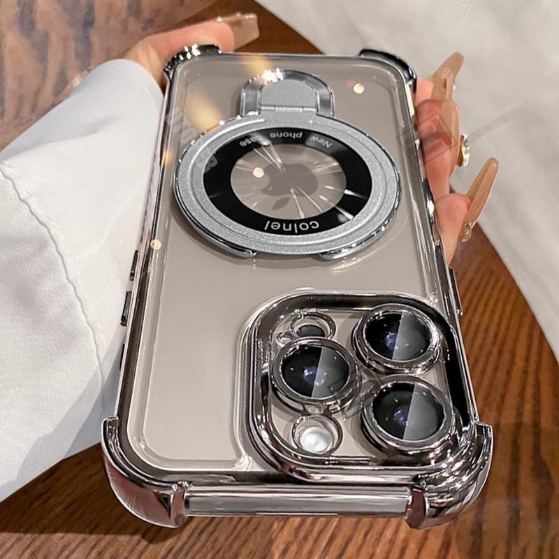 Luxury Shockproof Plating Soft TPU Bracket Phone Case for iPhone 16 15 14 13 11 12 Pro Max Plus Magsafe Magnetic Protect Cover