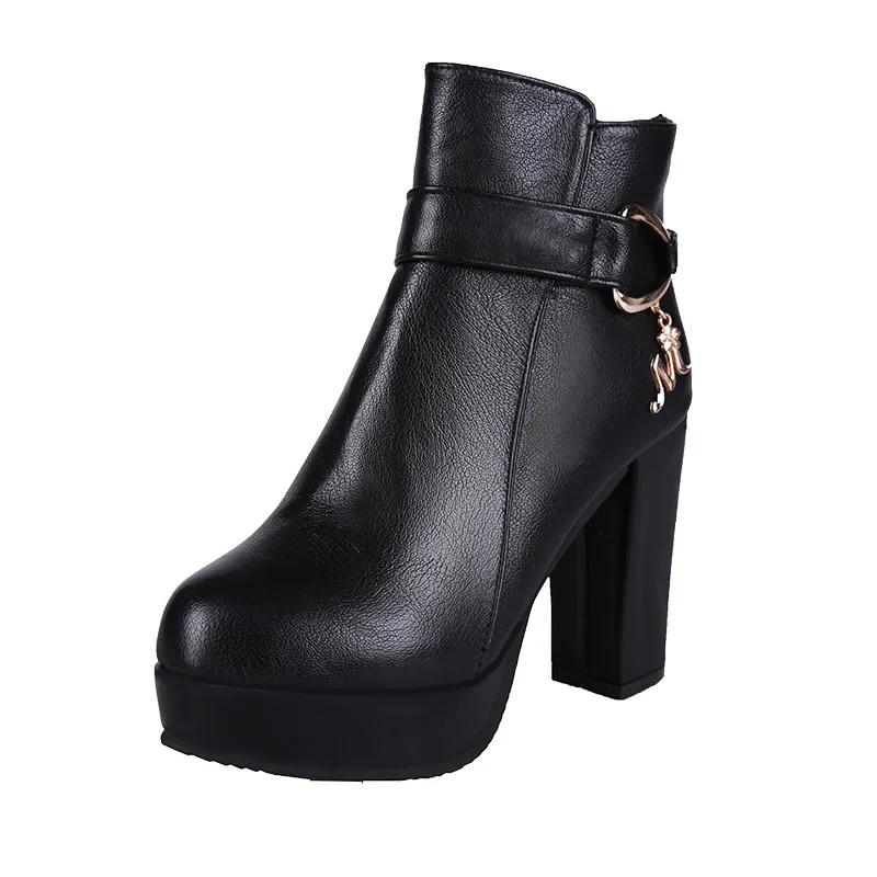 2024 Women Fashion Ankle Boots New Warm Velvet Chunky High Heels Shoes Snow Boots Comfort Soft Leather Cotton Shoes
