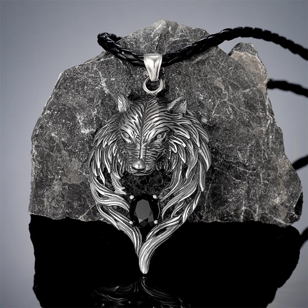 Punk Norse Odins Wolf Necklace Gold Stainless Steel Black Gem Viking Fenrir Pendant Retro Amulet Jewelry for Men