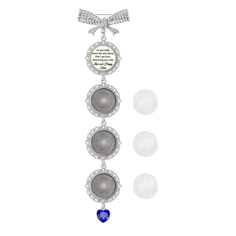 DIY Customizable Wedding Photo Brooch Charm With Rhinestones Bowknot Blue Heart Pendant For Bridal Bouquet Keepsake