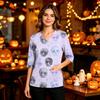 Women's Casual Uniform Top with Halloween Print, V-Neck, Three-Quarter Sleeves, Pockets, Side Slit