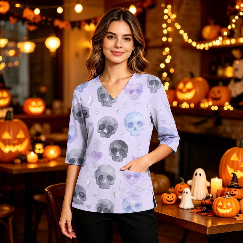 Women's Casual Uniform Top with Halloween Print, V-Neck, Three-Quarter Sleeves, Pockets, Side Slit