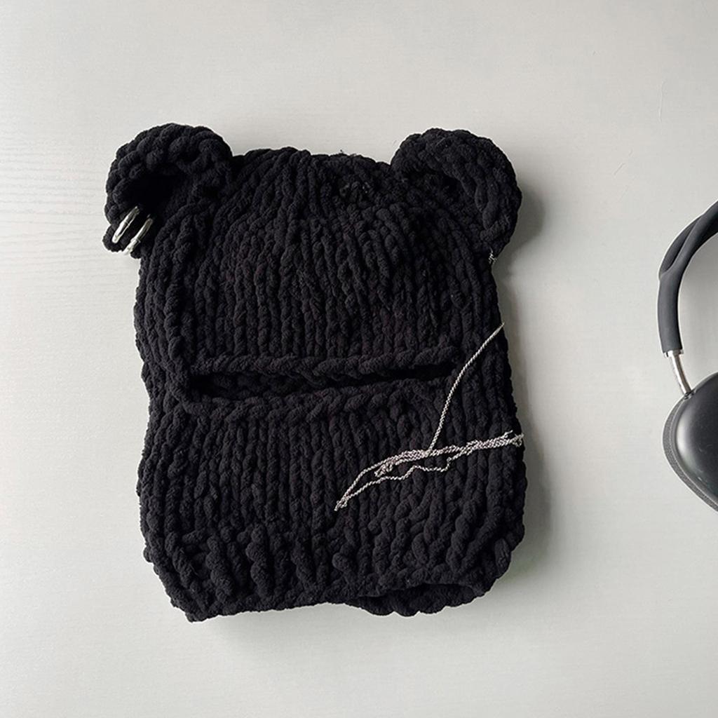 Knitting Balaclava Cap for Women Cute Bear Ears Plush Beanie Hat Handmade Face Cover Hat Crochet Hooded Hat for Party