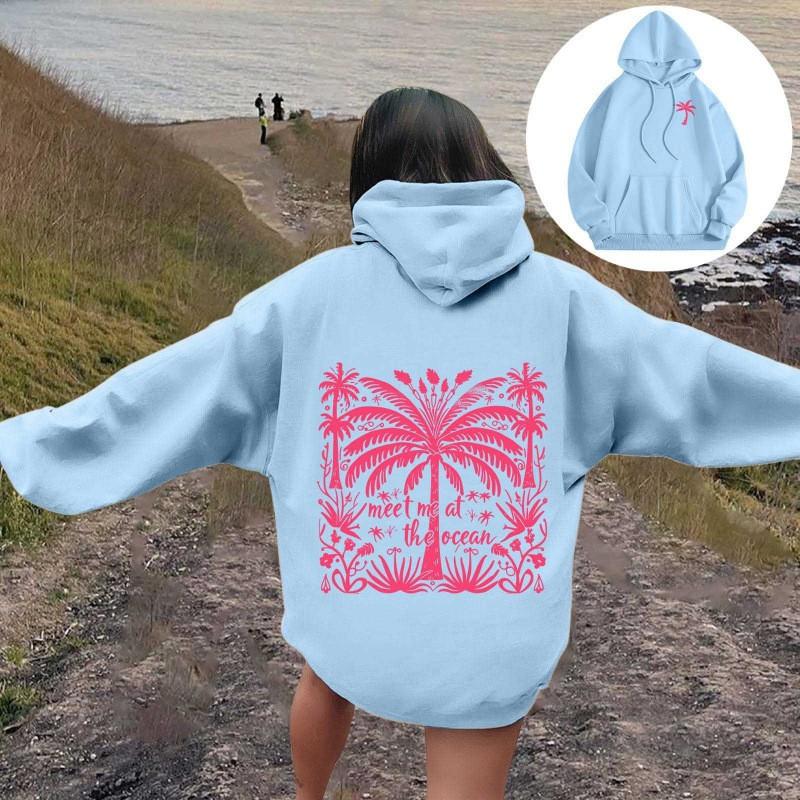 Womens Oversized Hooded Sweatshirt With Palm Tree Print Drop Shoulder Long Sleeve Fleece-Lined Casual Streetwear