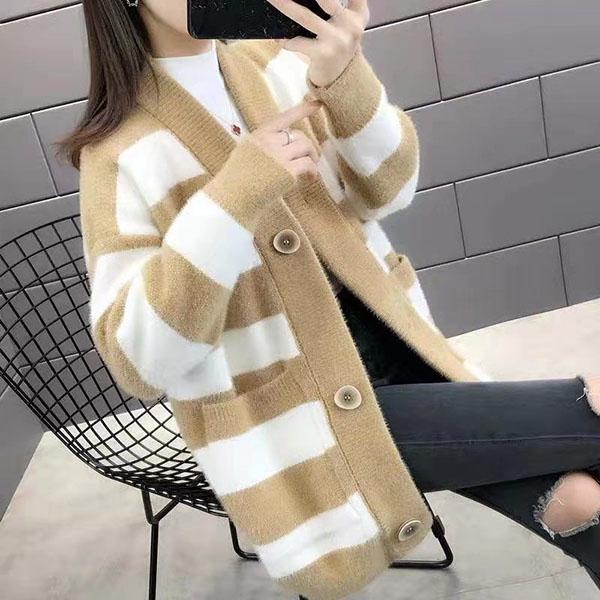 

No Hair Off, Water Velvet Stripes, вязаный кардиган большого размера, женский свитер, свободный длинный рукав, осень и зима, с вязаным кардиганом XXL