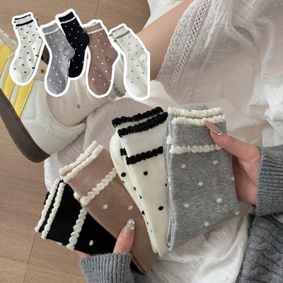 Female Spring and Autumn Vintage Pure Cotton Polka Dot Lace In The Tube Pile Socks