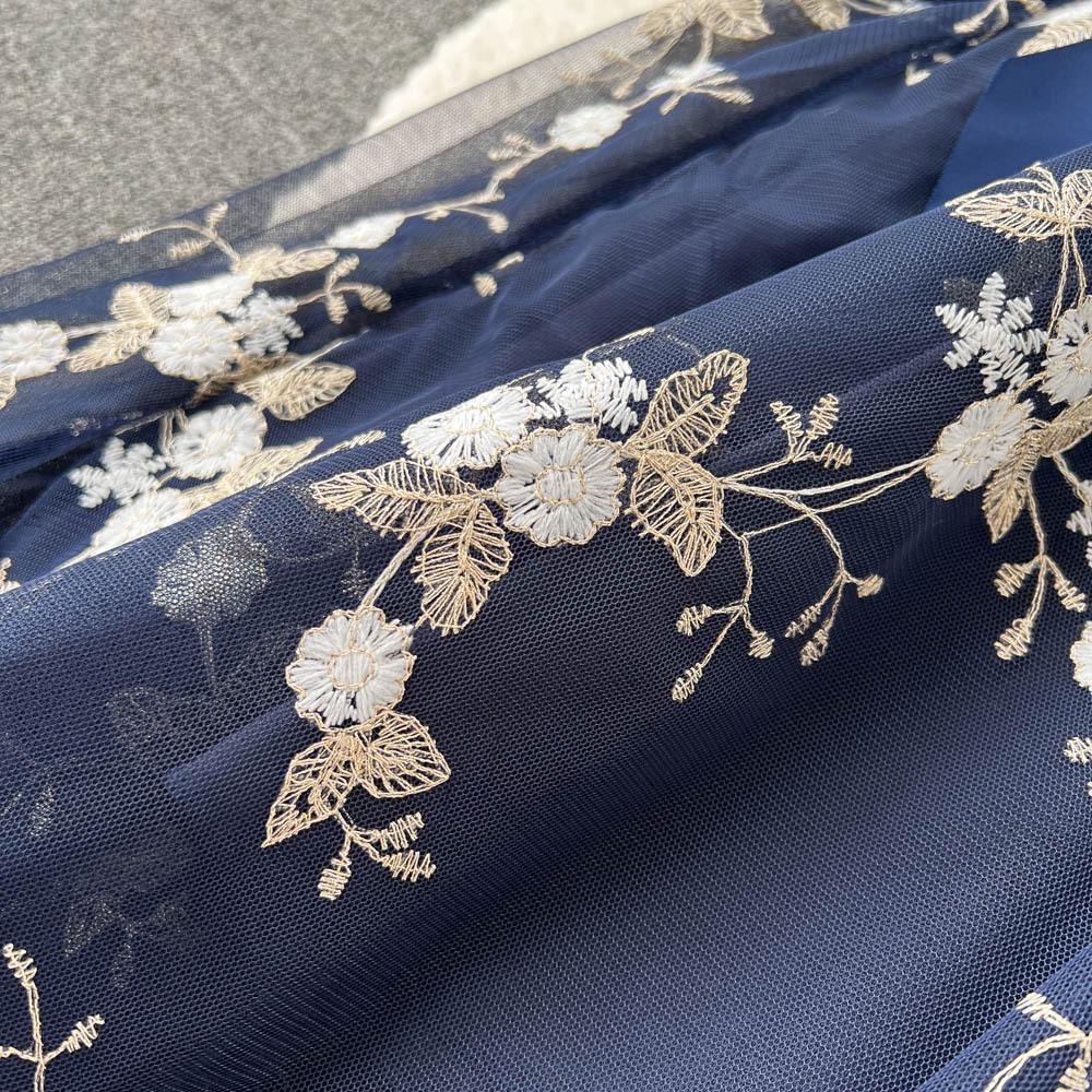 Spring Floral Knitted Long Dress Women Autumn Long Sleeves A Line Patchwork Mesh Embroidery Dresses