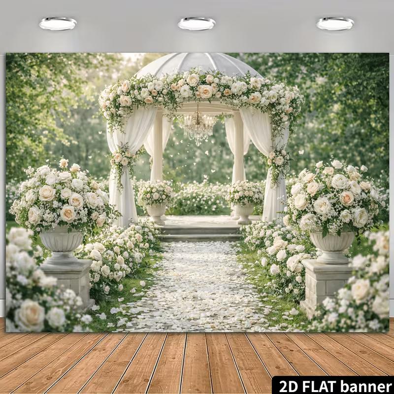 

2D Outdoor Wedding Ceremony Backdrop, White Floral Gazebo Photography Background 47.2x31.5inch/120*80cm