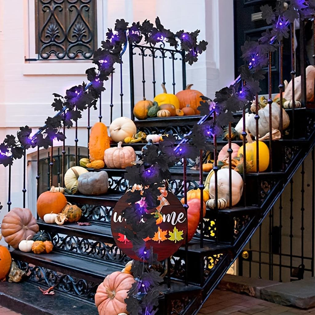 Künstlicher Ahornblatt-Girlande mit 36 schwarzen Spitzen und LED-Lichtern für Thanksgiving Halloween Heimdekoration