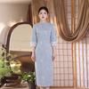 Blue Guofeng New Chinese Suzhou Long Sleeve Autumn Improved Cheongsam Seven-quarter Sleeve 1011 New Young Women's Spring and Autumn