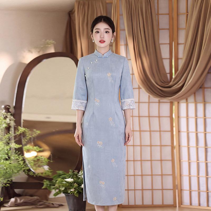 Blue Guofeng New Chinese Suzhou Long Sleeve Autumn Improved Cheongsam Seven-quarter Sleeve 1011 New Young Women's Spring and Autumn