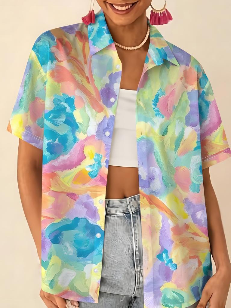Love printed short-sleeved shirt women's summer loose casual lapel shirt retro niche top