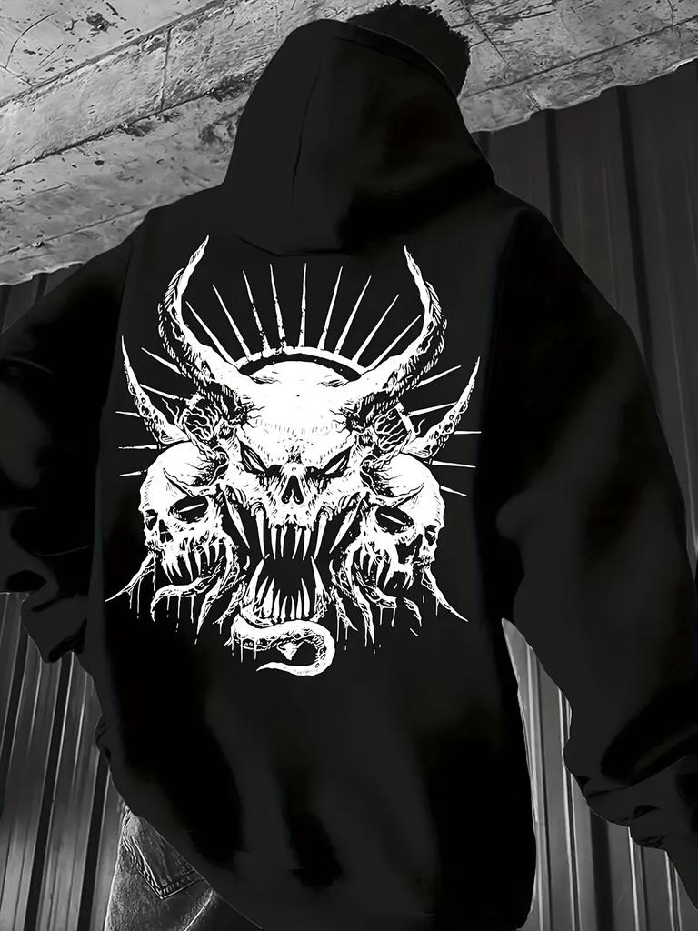 With Gothic Street Devil Skull Graphic 250G Heavyweight Pullover with Pocket Adjustable Drawstring for Unisex Warm Sweatshirt, Coz