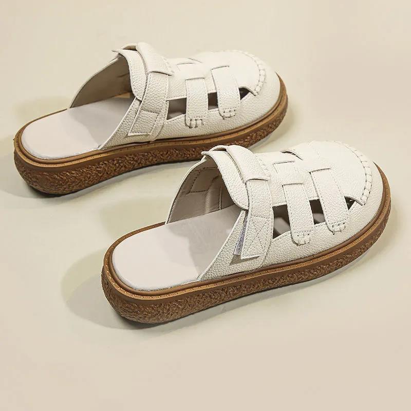 Baotou cool slippers for women to wear in the summer of 2025 new big head shoes woven heelless thick-soled lazy half slippers