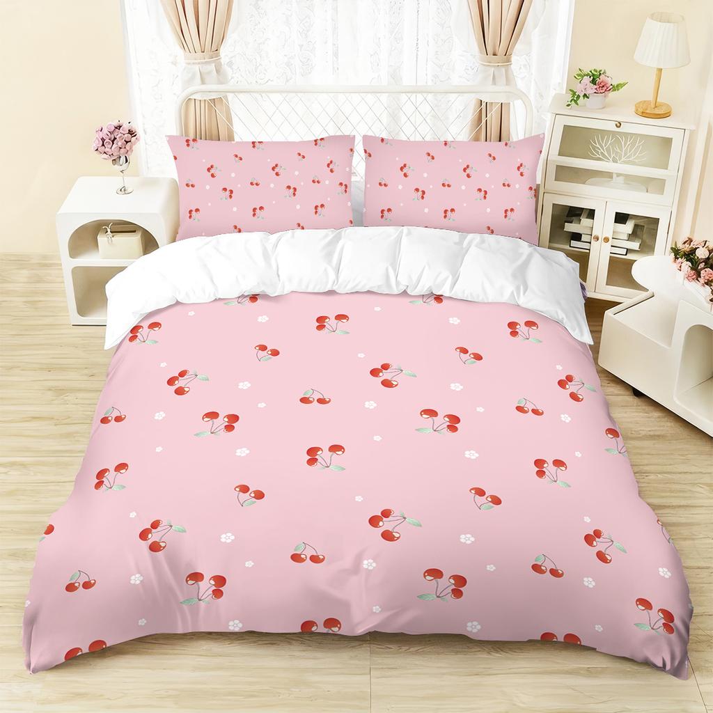 3pcs pink bow cherry patterned duvet cover set 1 duvet cover+2 pillowcases coreless. Soft and comfortable bedding set
