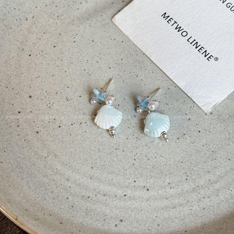 

Blue Zircon Starfish Tassel Stud Earrings for Women Niche Style Fancy Earrings Earrings Summer Seaside Vacation Style Ear Clip Ceramic shell starfish earrings-Silver Needle