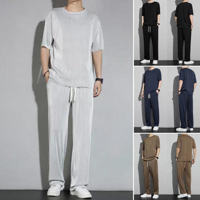 2Pcs/Set Men Summer Casual Outfit O-neck Short Sleeve T-shirt Elastic Drawstring Waist Wide Leg Long Pants Set Solid Color Casual Outfit