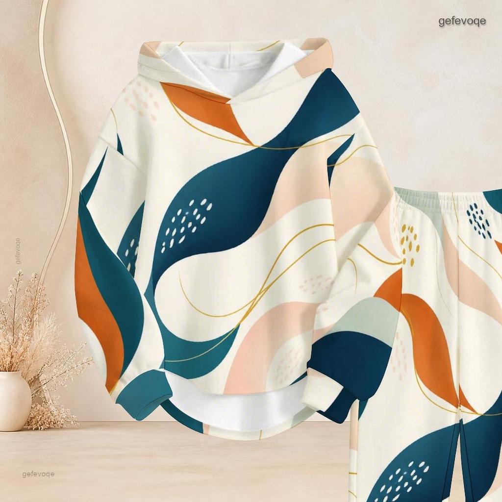 Women Plus Size Abstract Printed Long Sleeve Hooded Top Cuffed Pants Two Piece Set