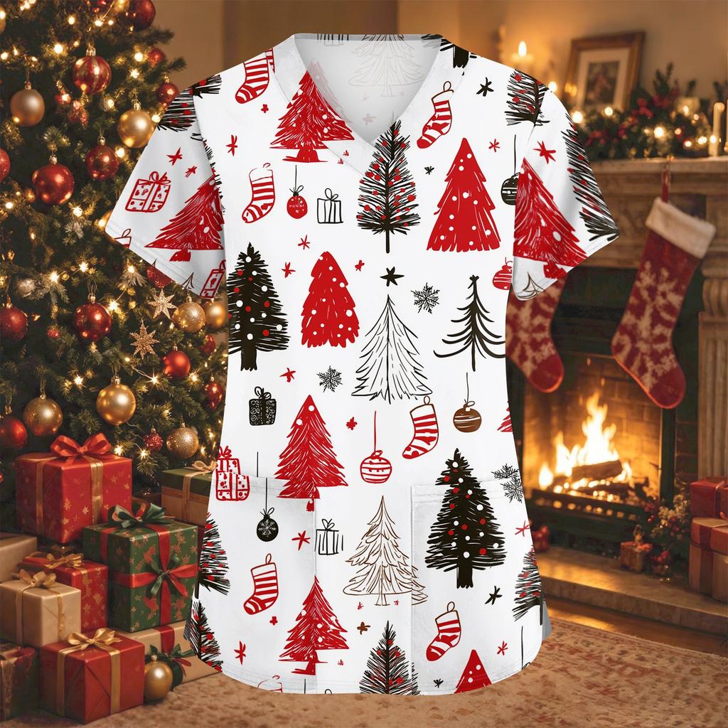 Women's V-Neck Short Sleeve Christmas Print Work Tunic Top with Pockets and Side Slits