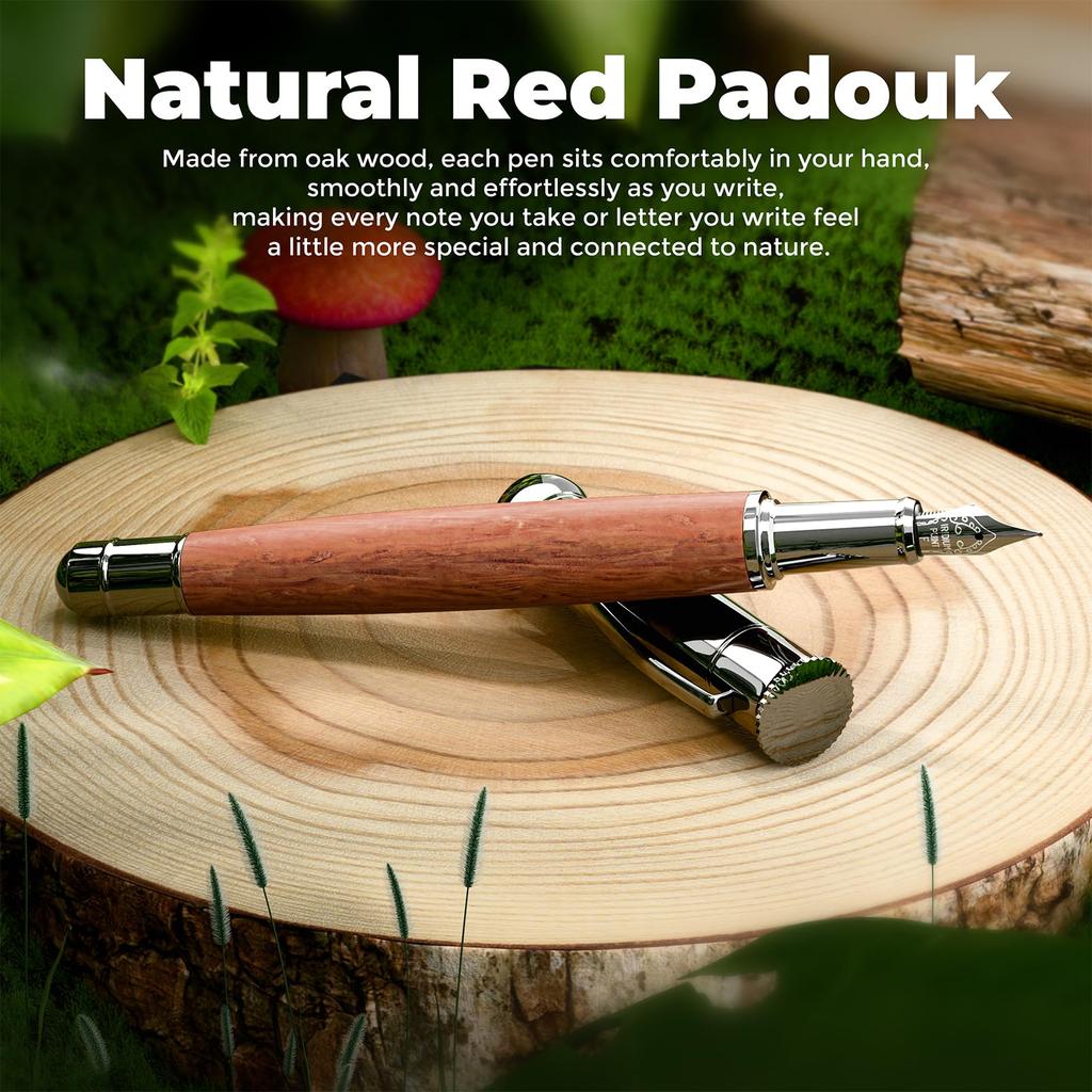 WEMATE Wooden Fountain Pen Set with Fine 20 Ink Cartridges Black 10 and 1 Converter Smooth and Gift for Men and Women Nib, (10 + Blue), Included,