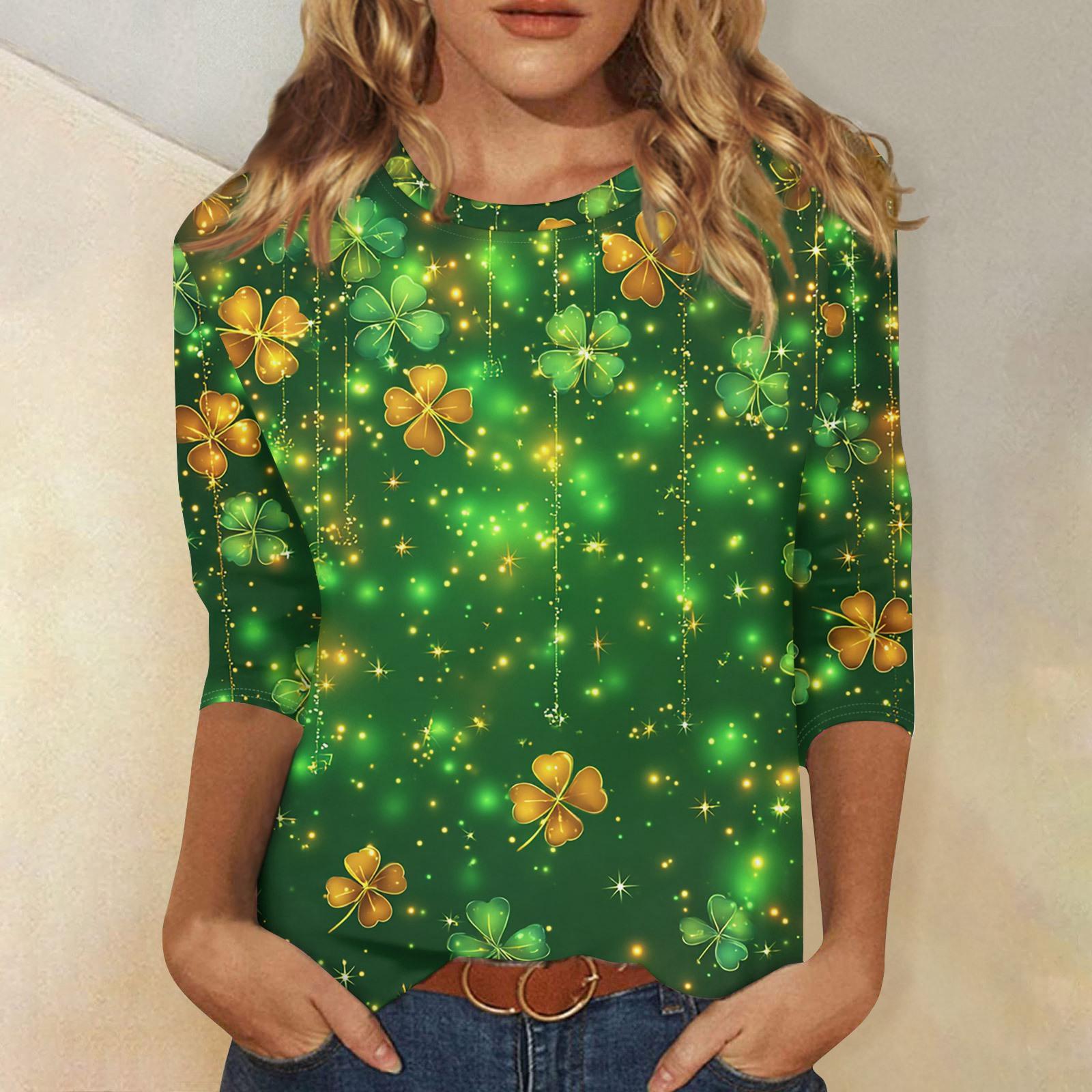 

Women s Fashionable Casual St. Patrick s Day Print Neck Three-Quarter Sleeve T-Shirt Top XL