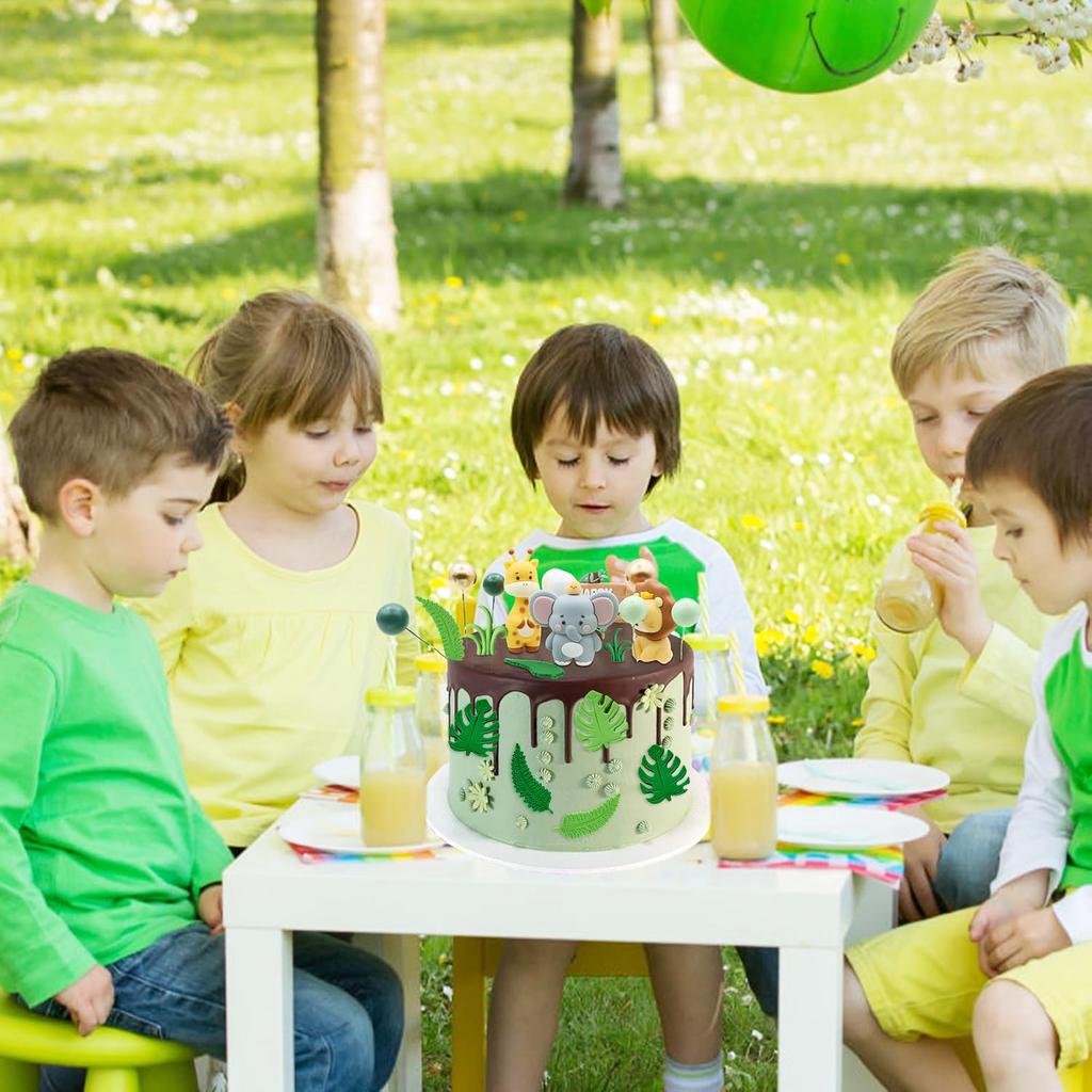 Safari Animal Cake Topper - Jungle Wild Cake Toppers with Monkey Lion Elephant Giraffe and Leaves Balls Cake Decorations