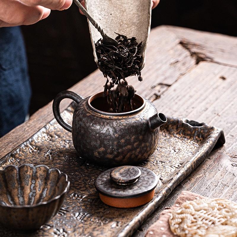Old Rock Mud Rough Pottery  Tea Pot Retro Black Gold glazeTeapot Tea Kettle Tea Ceremony Tea Making Single Pot Tea Ceremony