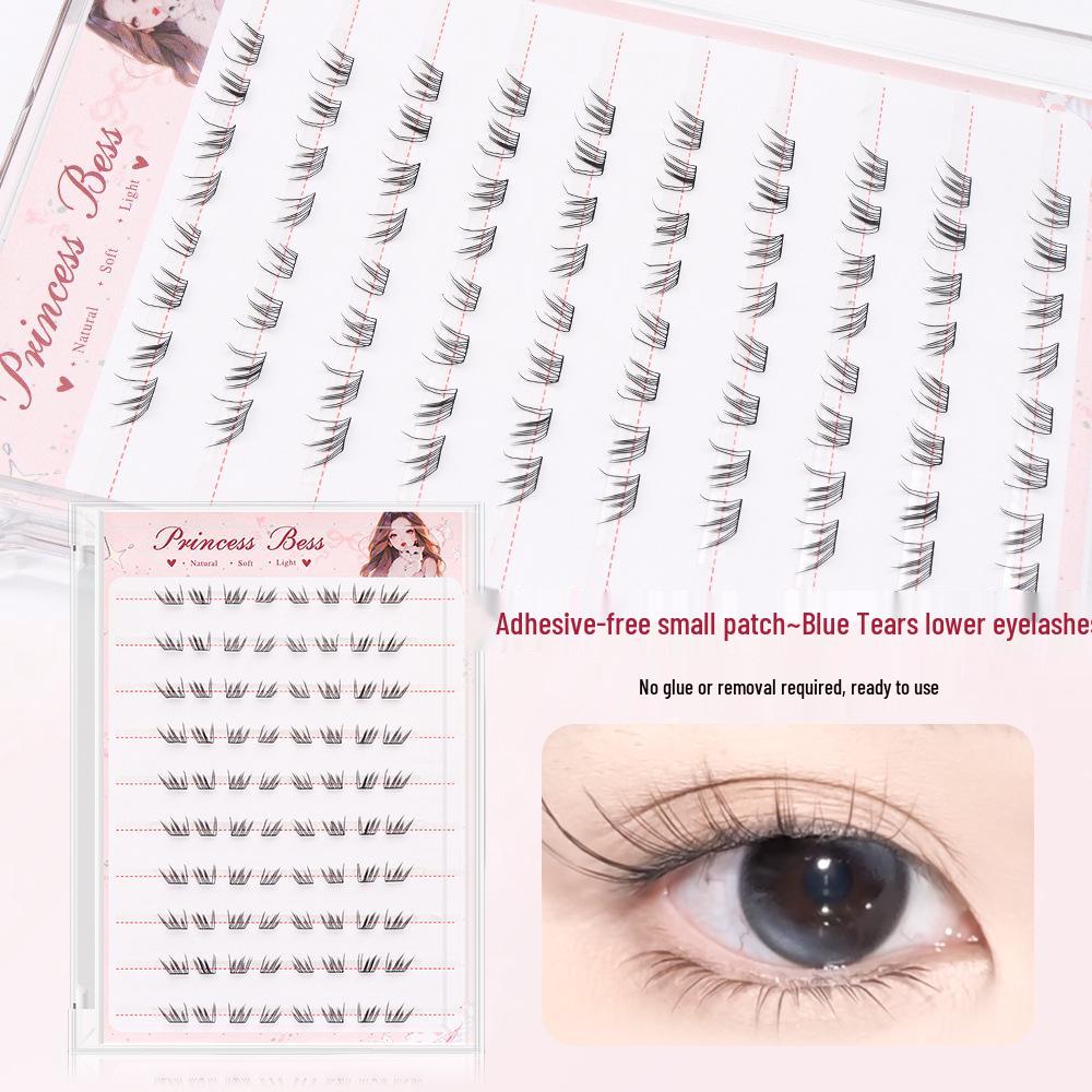 Golden Feather Tweezers & Blue Tears Glue-Free Lower Lashes - 10 Rows for Eye Enlargement, Beginner-Friendly