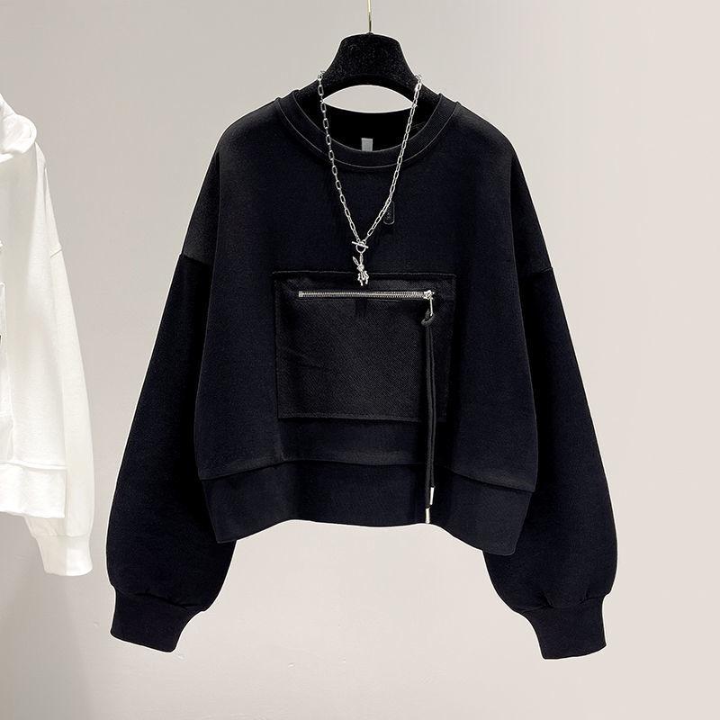 

Женский свитшот свободного кроя с круглым вырезом, длинными рукавами, застежкой-молнией и карманами, весна-осень 2024, в корейском стиле, однотонный, с дизайном на шнуровке Medium чёрный