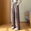 Women Elastic High Waist Linen Wide Leg Long Pants Loose Casual Floor Length Trousers with Pockets Summer Daily Vacation Soft Pants