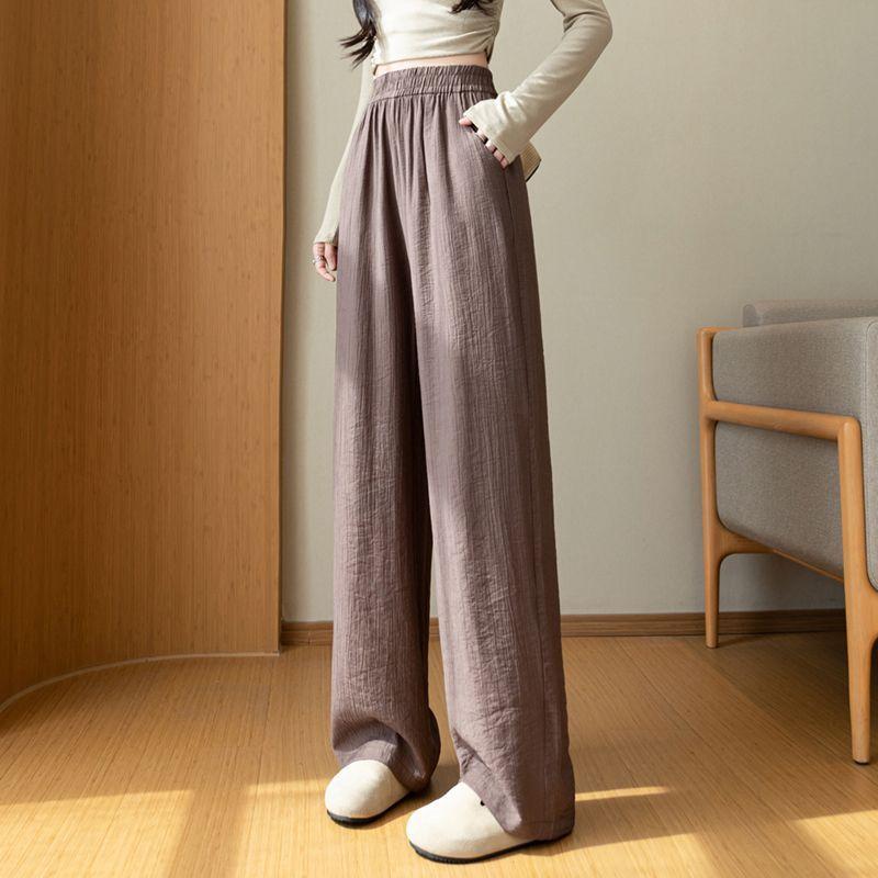 Women Elastic High Waist Linen Wide Leg Long Pants Loose Casual Floor Length Trousers with Pockets Summer Daily Vacation Soft Pants