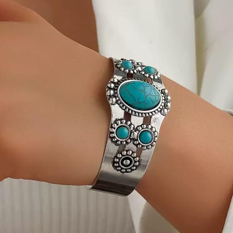 Turquoise Retro Court Style Open Bangle for Women, Japanese and Korean INS Inspired, Chic Niche Design
