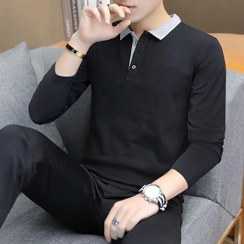 Camisa polo masculina outono e inverno negócios casual lapela meia-idade e jovens lideram a tendência do outono manga longa camiseta