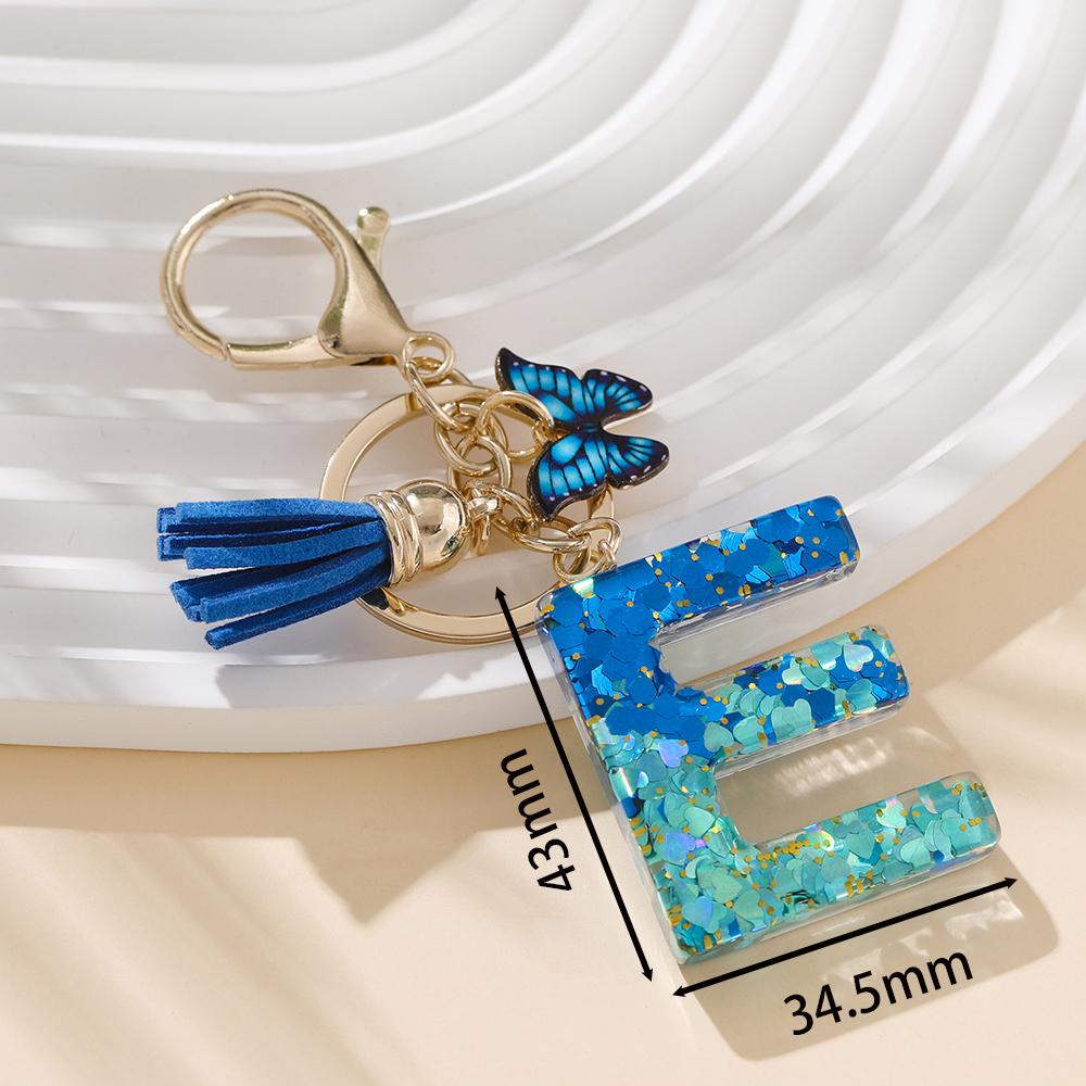 1pc Alloy Alphabet Initial Keychain Royal Blue Butterfly & Tassel Letter Keychain for Backpack Charm Accessory Key Ring Findings