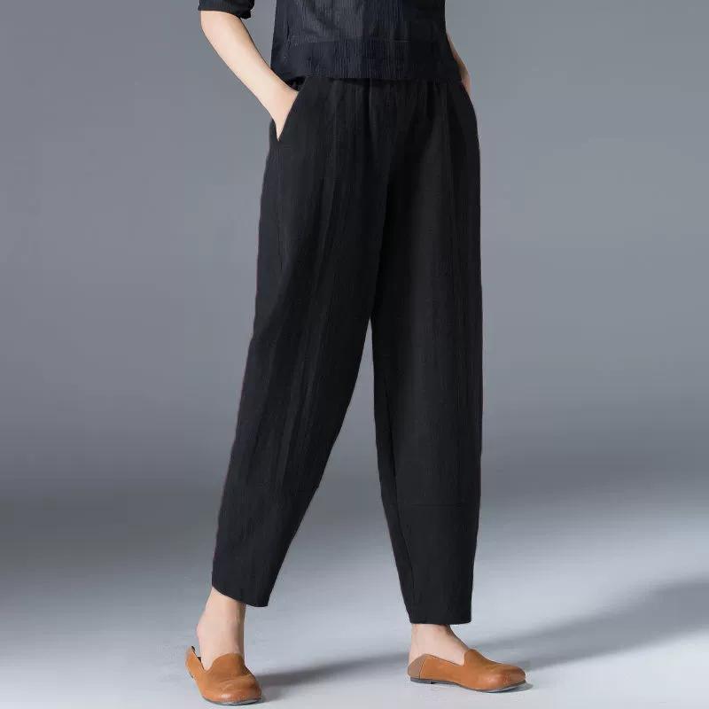 Women's Baggy Pants Cotton Linen Wide Leg Trousers Casual Elastic Waist Patchwark Harem Pants