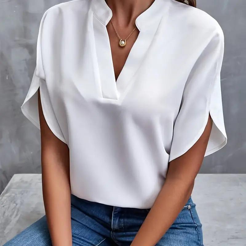 Solid Color Notch Neck Blouse Stylish Short Split Sleeves for Spring & Summer Trendy Womens Casual Top