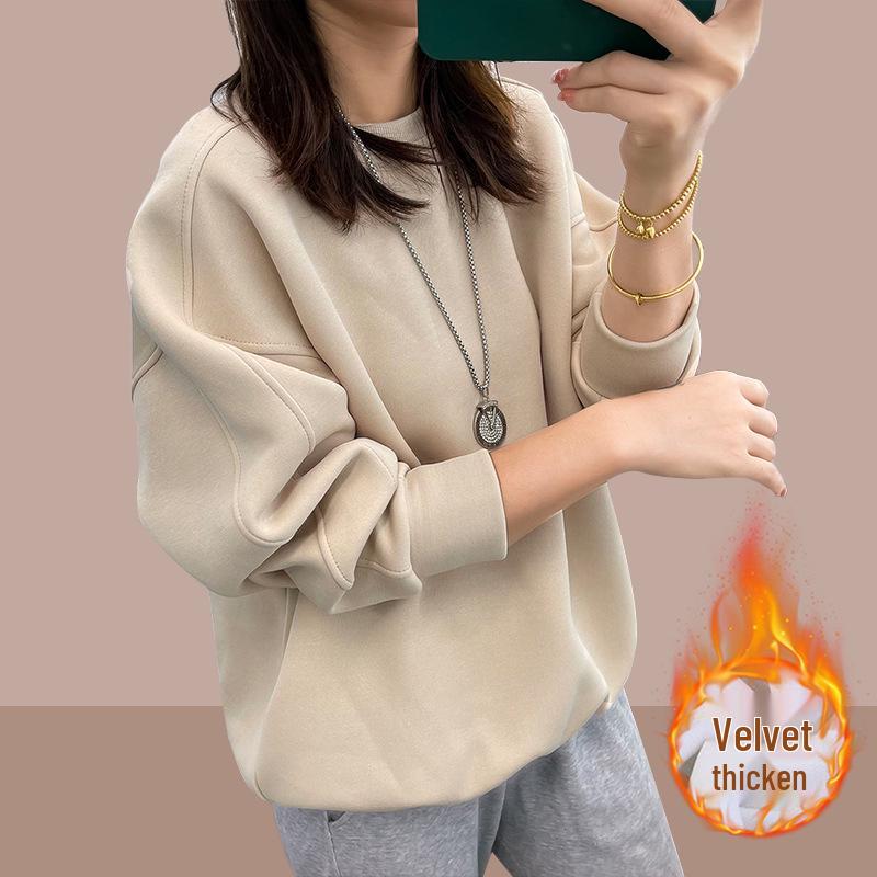 Women's Fleece-Lined Thickened Hoodie Pullover - Autumn/Winter 2025, Loose Fit, Age-Reducing, Plus Size, Round Neck Sweater