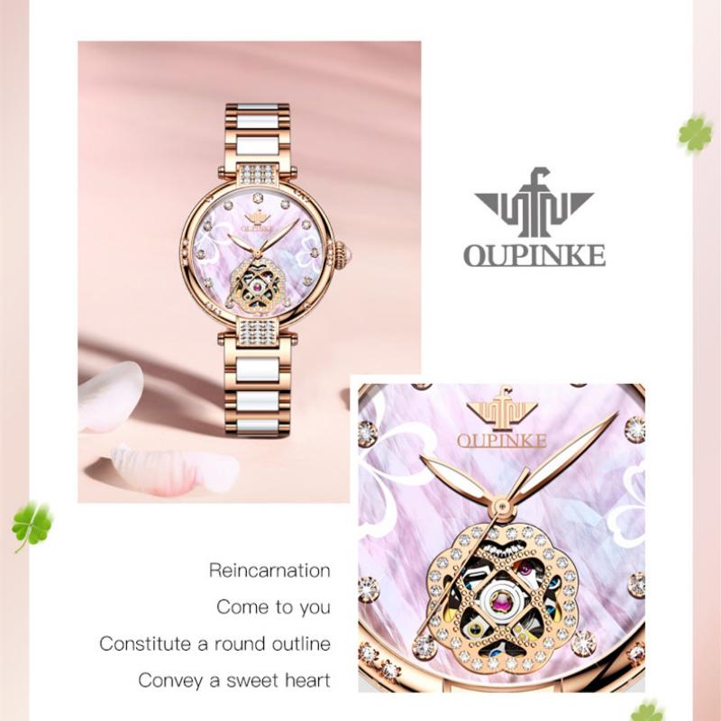 OUPINKE Nouvelle Montre Dame d'Affaires et de Loisirs Montre Mécanique Automatique Étanche Incrustée de Diamants Montre Haut de Gamme