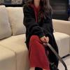 Solid color temperament gentle wind fashion knitted primer dress women's red atmosphere bright silk hooded sweater long dress