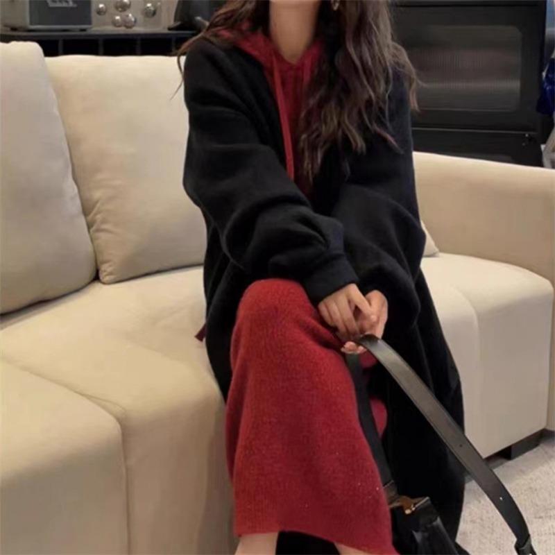Solid color temperament gentle wind fashion knitted primer dress women's red atmosphere bright silk hooded sweater long dress
