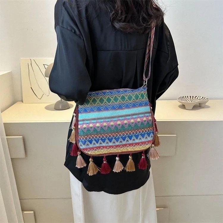 WTEMPO Damen Umhängetaschen mit großem Fassungsvermögen im Ethno-Stil, trendig, vielseitig, breite Träger, Einzel-Schultertaschen mit Quasten