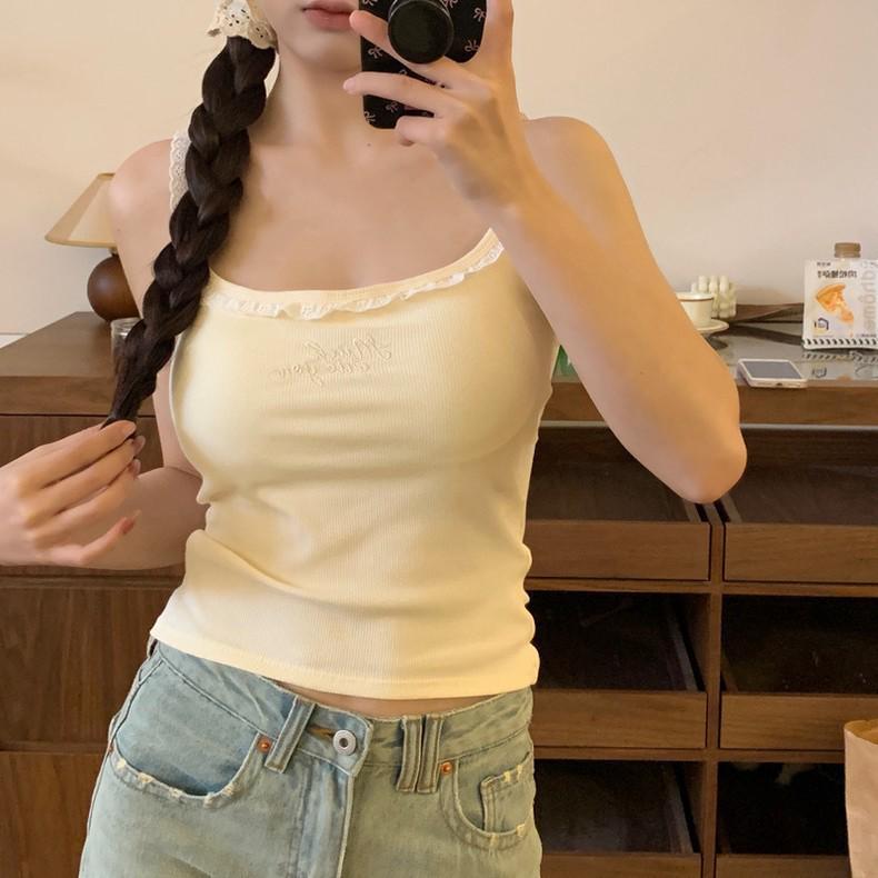 Pleated Camisole Top for Women with Chest Pads, Spicy Girl Embroidery, Lace Trim, Slim Fit, Inner/Outer Wear