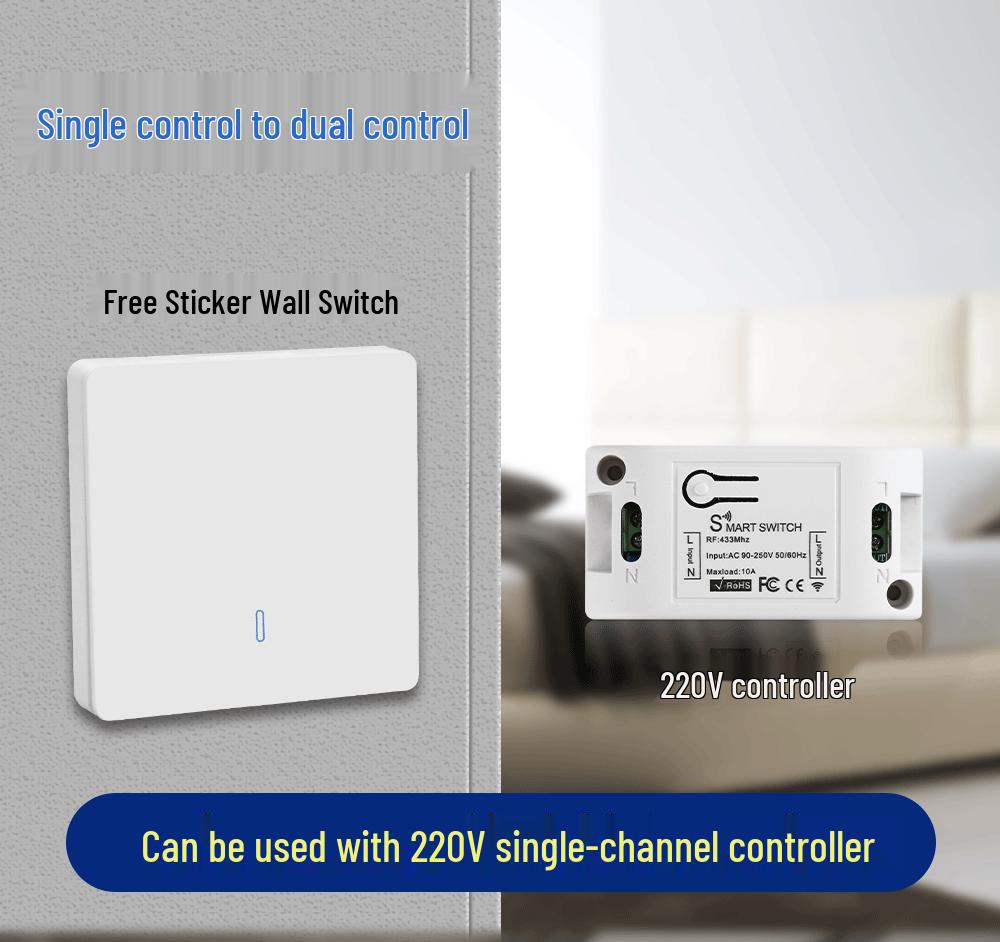 220V Wireless Single-Channel Remote Light Switch, Smart On-Off Panel, 433MHz, No Wiring Needed